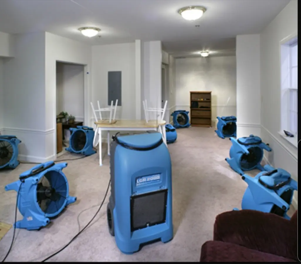 Air movers and dehumidifier setup for Water Damage Restoration in Novato